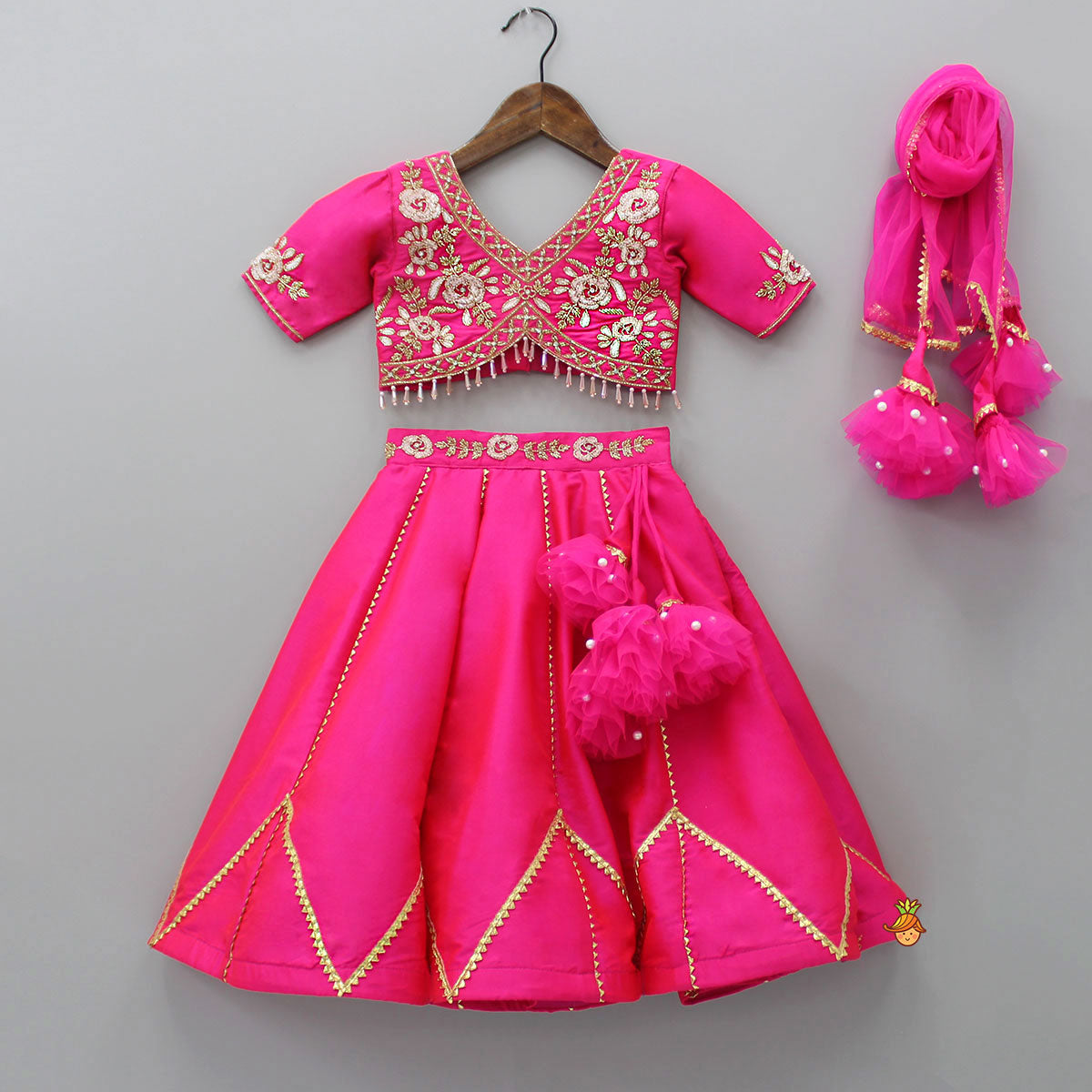 Floral Embroidered Pink Top And Lehenga With Matching Net Dupatta