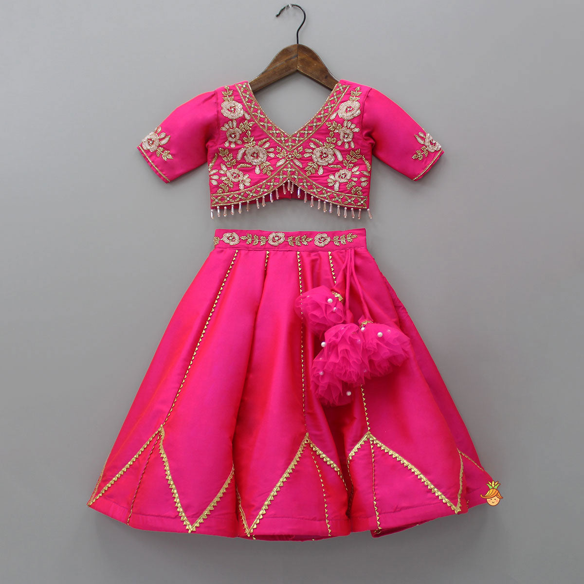 Floral Embroidered Pink Top And Lehenga With Matching Net Dupatta