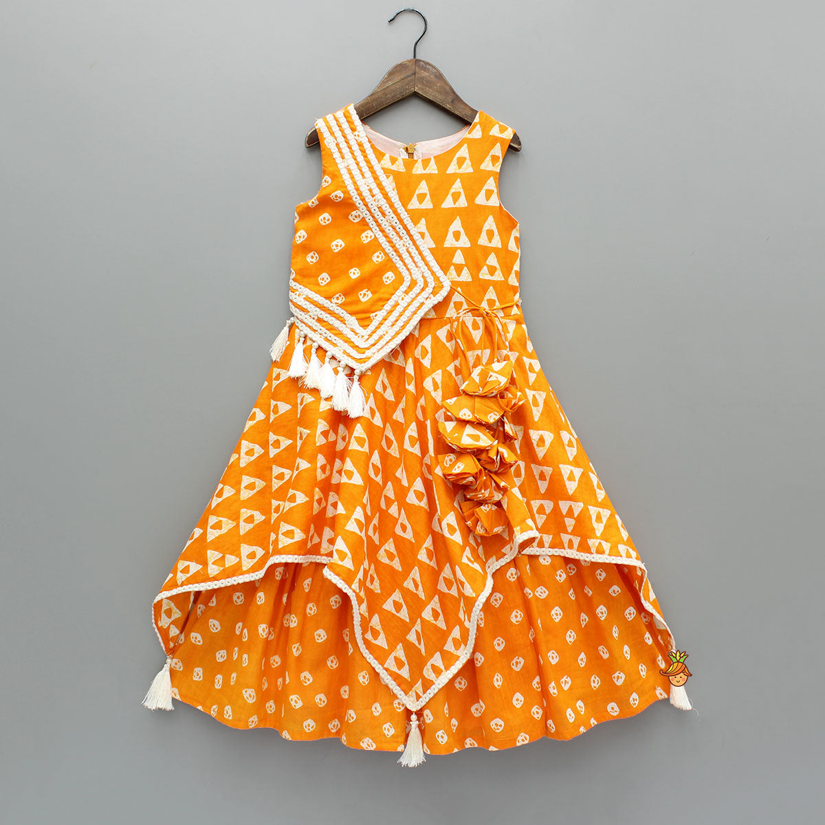 Orange Printed Kurti With Faux Mirror Work Flap