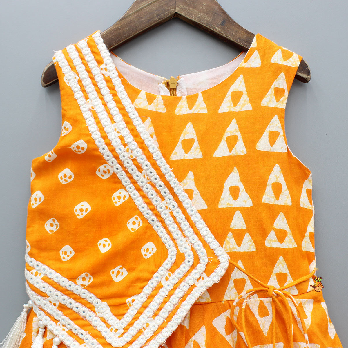 Orange Printed Kurti With Faux Mirror Work Flap