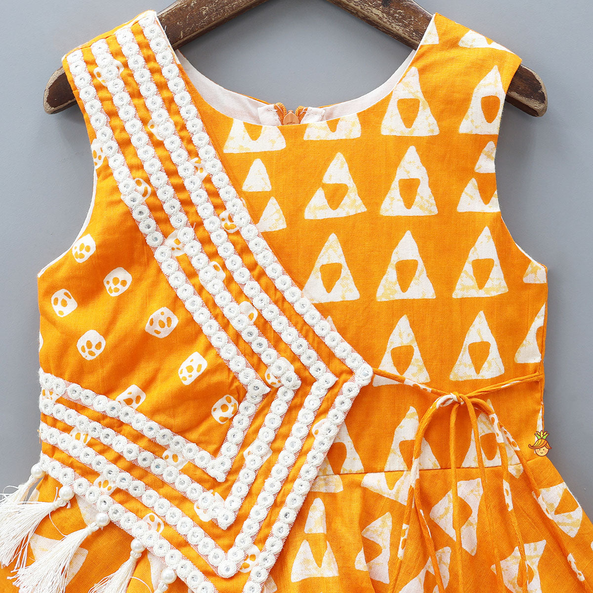 Orange Printed Kurti With Faux Mirror Work Flap
