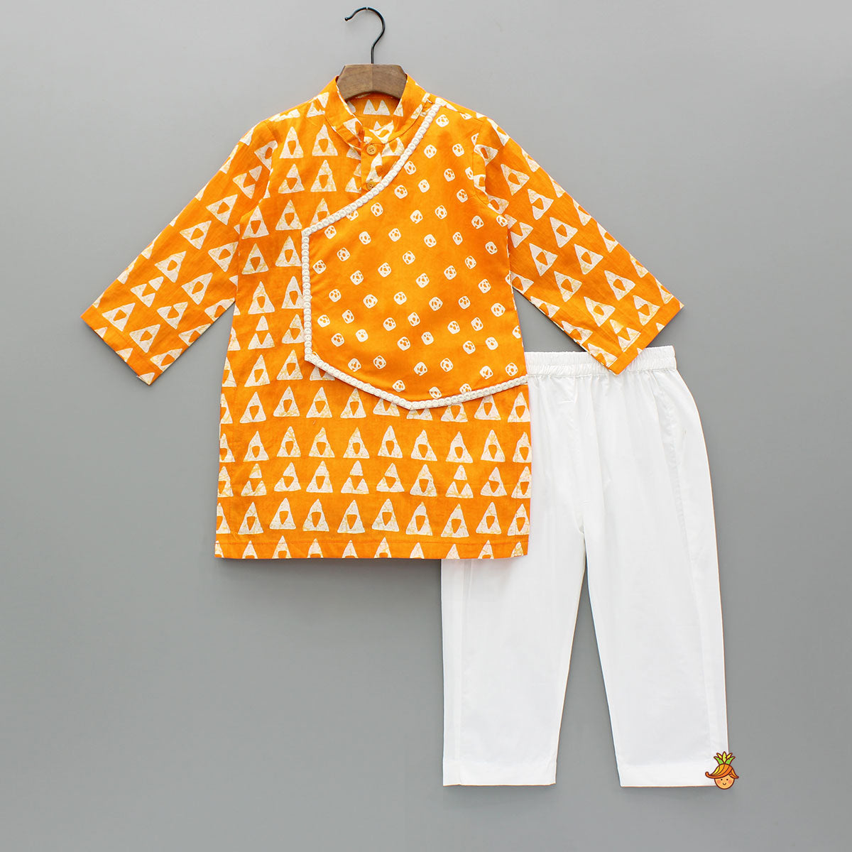 Orange Printed Kurta With One Side Flap And Pyjama