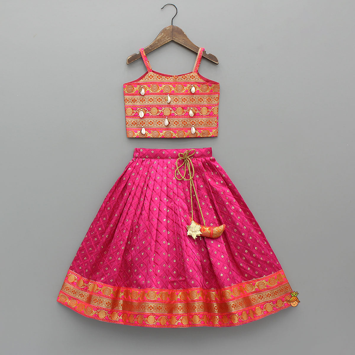 Brocade Strappy Top With Checks Embroidered Lehenga And Net Dupatta