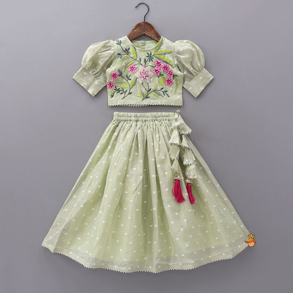 Green Butti Work Embroidered Top With Lehenga