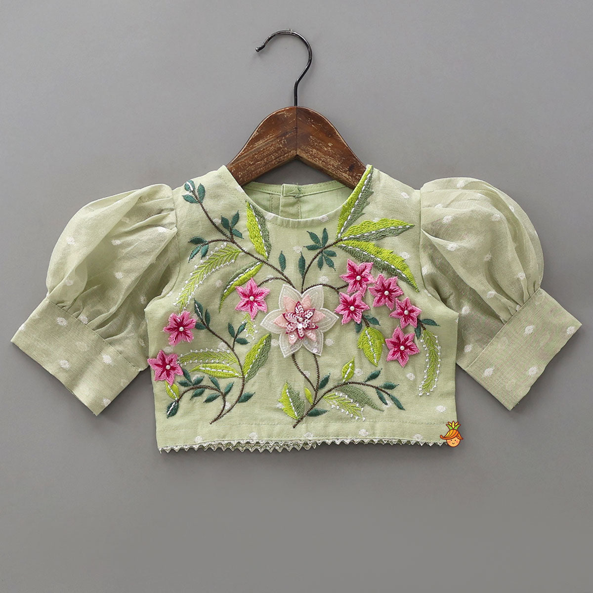 Green Butti Work Embroidered Top With Lehenga