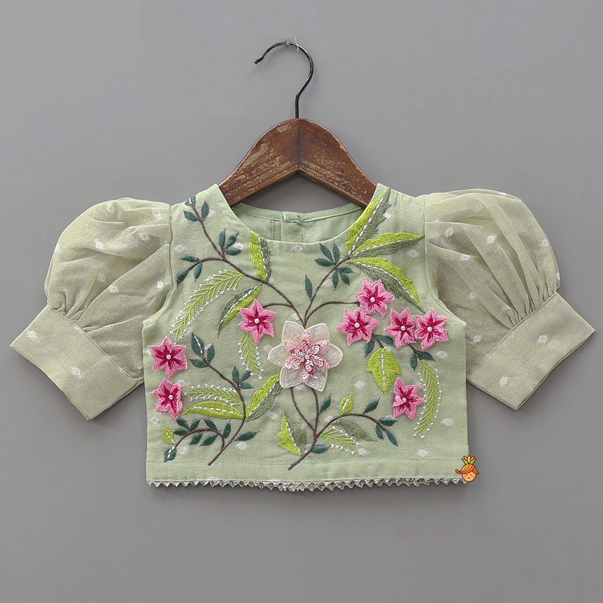 Green Butti Work Embroidered Top With Lehenga