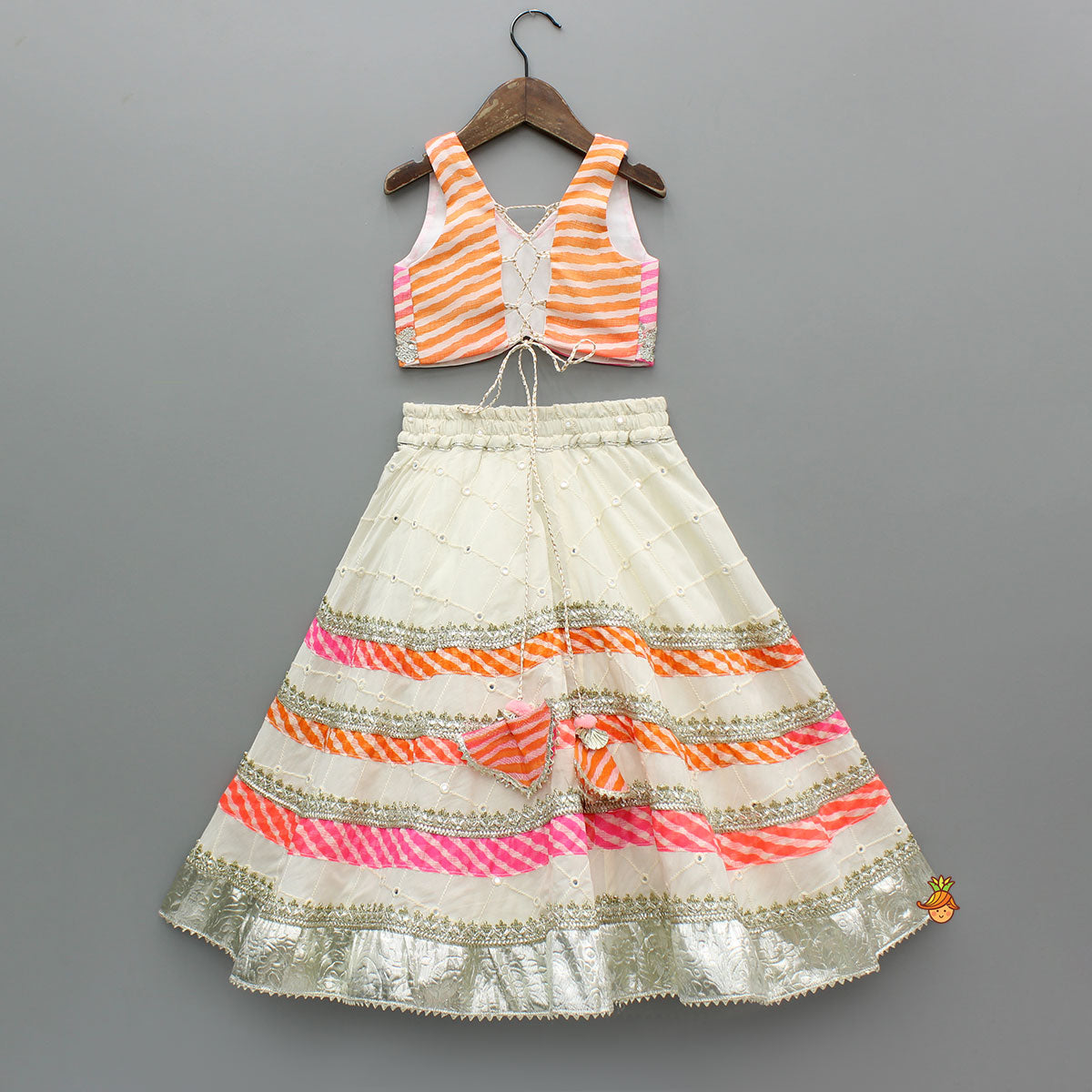 Leheriya Printed Top And Faux Mirror Work Lehenga With Matching Dupatta