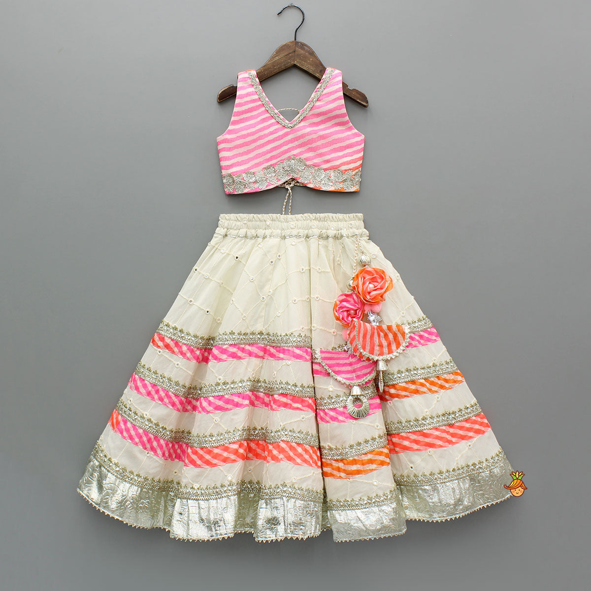 Leheriya Printed Top And Faux Mirror Work Lehenga With Matching Dupatta