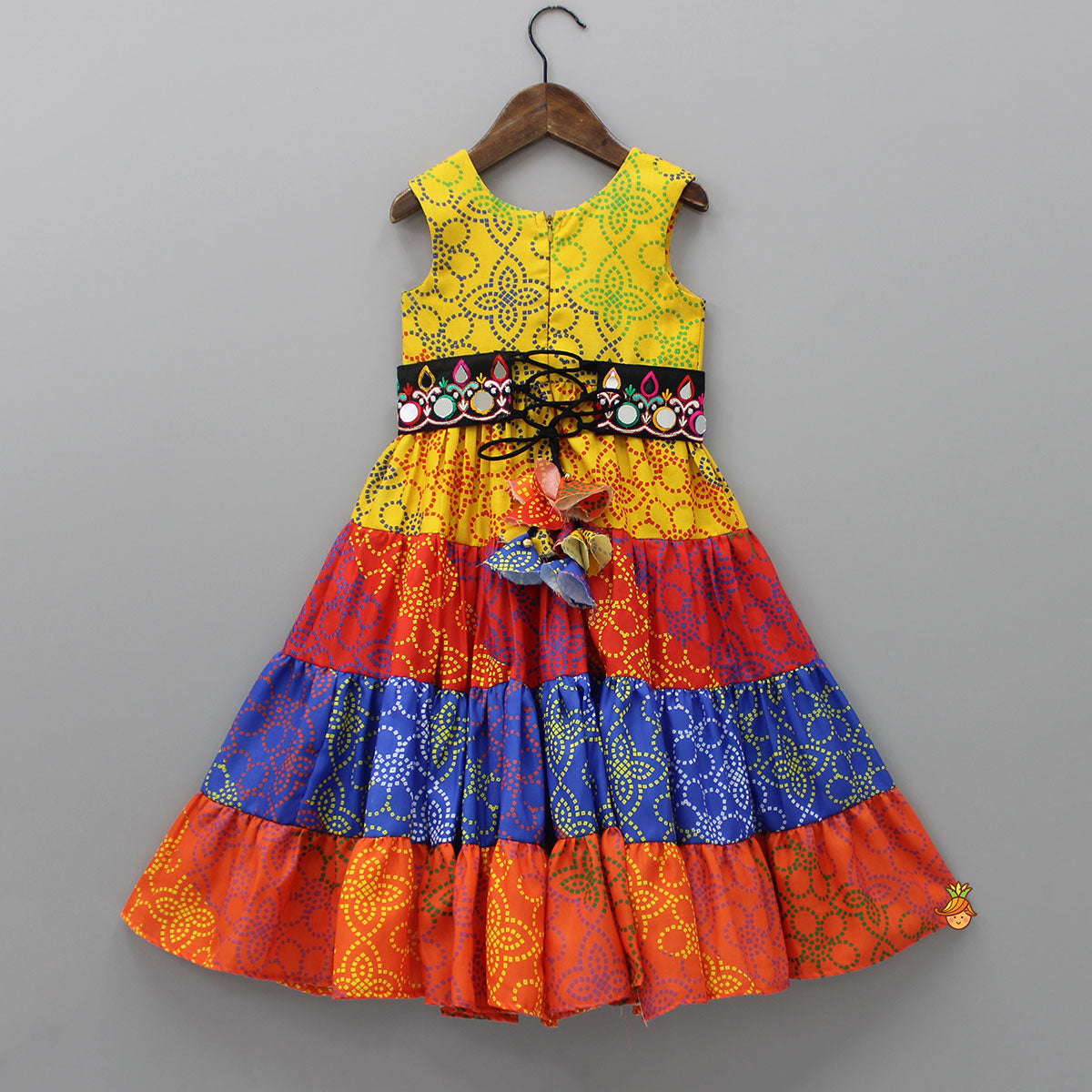 Ethnic Multicolour Bandhani Printed Tiered Kurti With Waist Bag