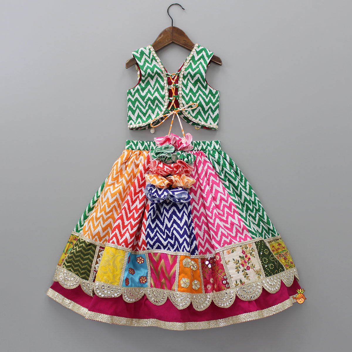 Multicolour Embroidered Top And Printed Layered Lehenga With Net Dupatta