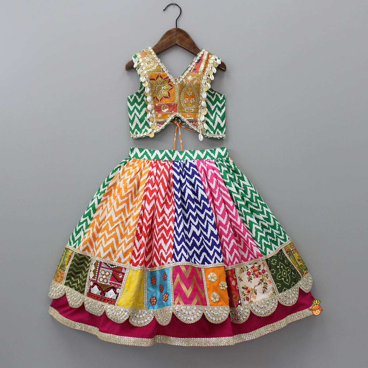 Multicolour Embroidered Top And Printed Layered Lehenga With Net Dupatta