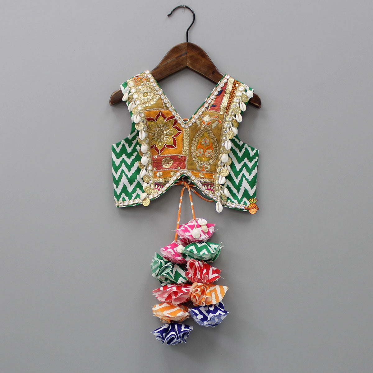 Multicolour Embroidered Top And Printed Layered Lehenga With Net Dupatta