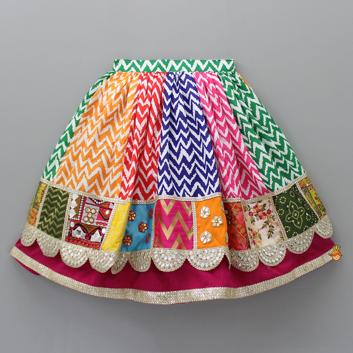 Multicolour Embroidered Top And Printed Layered Lehenga With Net Dupatta