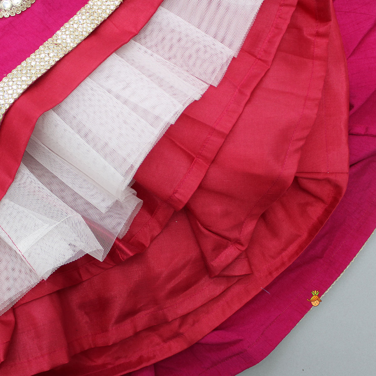 Multicolour Embroidered Top And Printed Layered Lehenga With Net Dupatta
