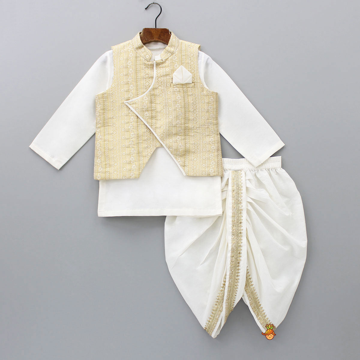 Kurta With Pocket Square Stylish Jacket And Lace Detailed Dhoti