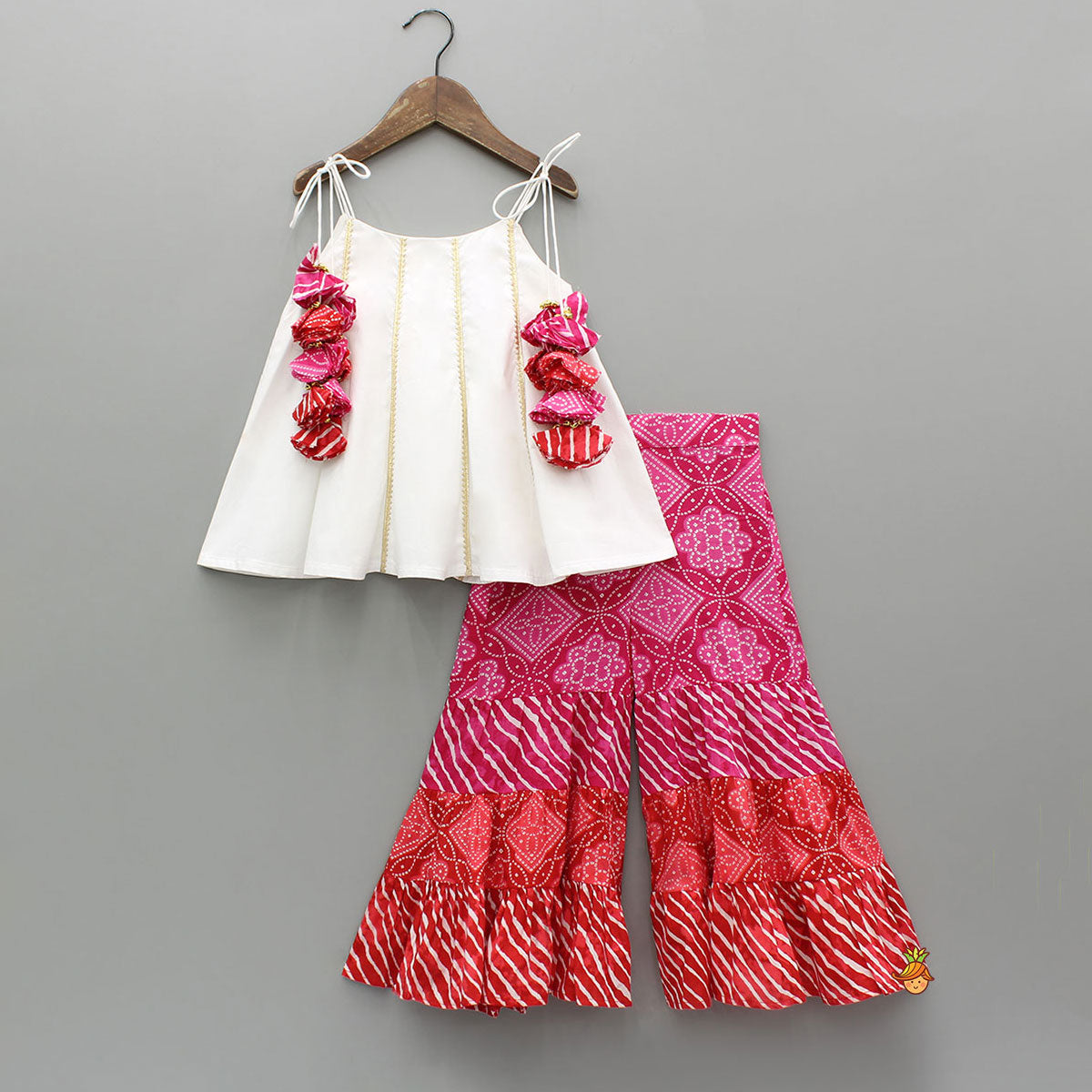 Gota Lace Detail Tie Up Top And Printed Sharara With Matching Dupatta