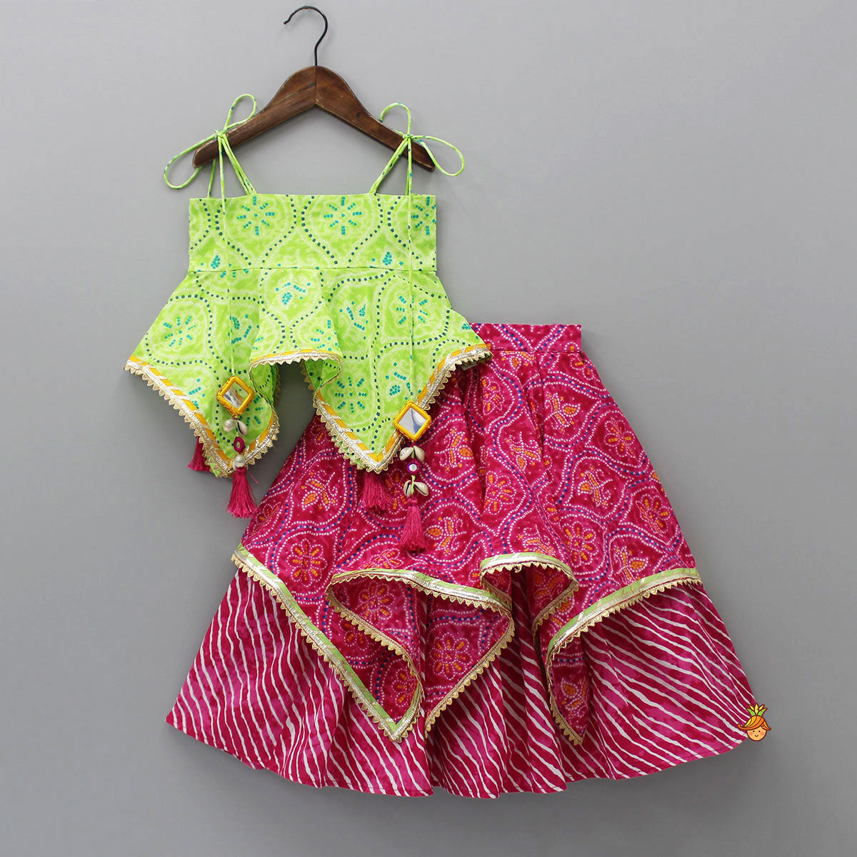Printed Strappy Top And Layered Lehenga With Matching Dupatta
