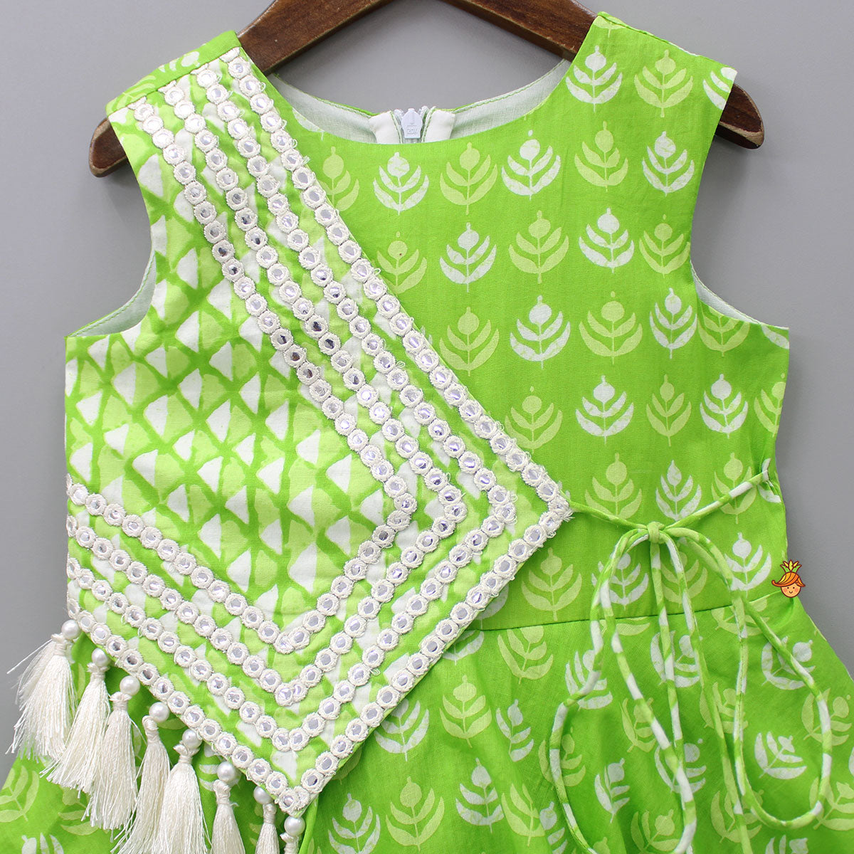 Green Printed Kurti With Faux Mirror Work Flap