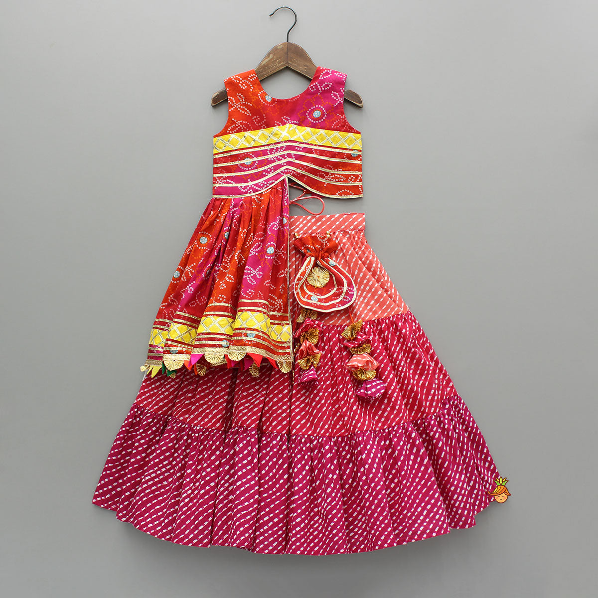 Printed Stylish Kurti And Lehenga With Attached Matching Potli And Dupatta