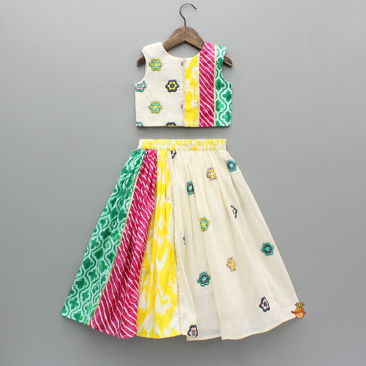 Multicoloured Printed Embroidered Top And Lehenga With Matching Dupatta