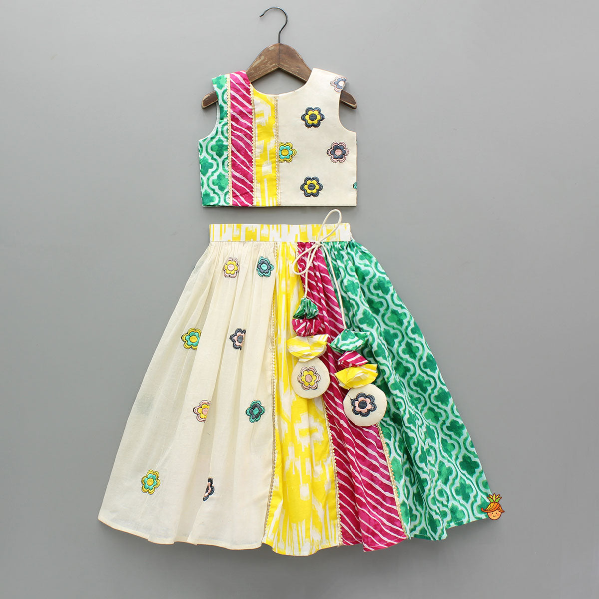 Multicoloured Printed Embroidered Top And Lehenga With Matching Dupatta
