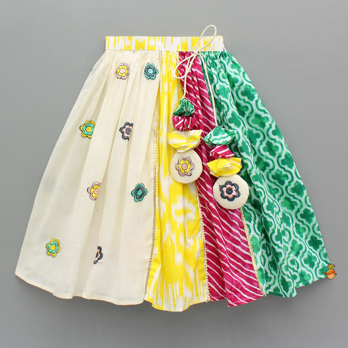 Multicoloured Printed Embroidered Top And Lehenga With Matching Dupatta