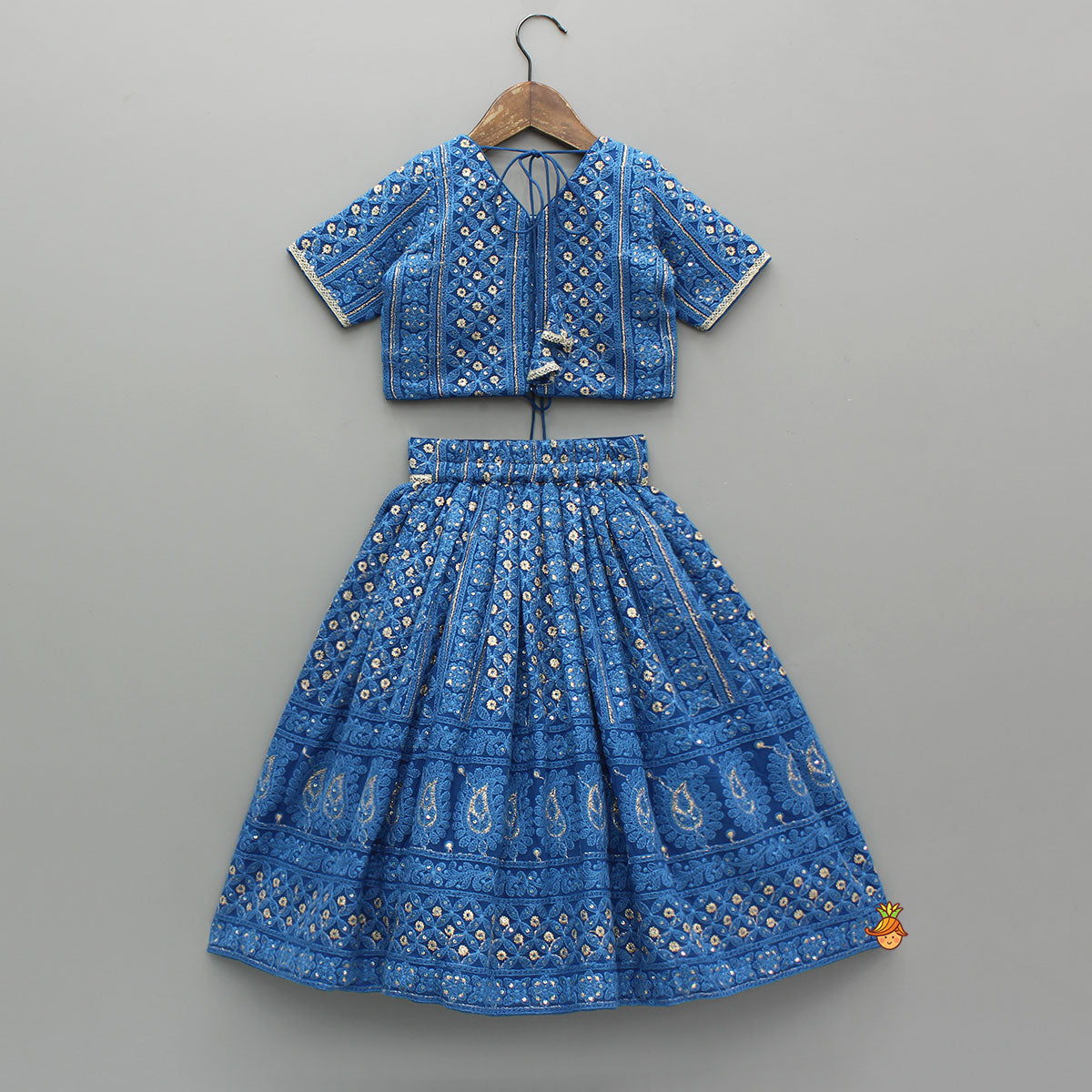 Sequin And Thread Embroidered Top And Pleated Lehenga With Net Dupatta And Matching Potli