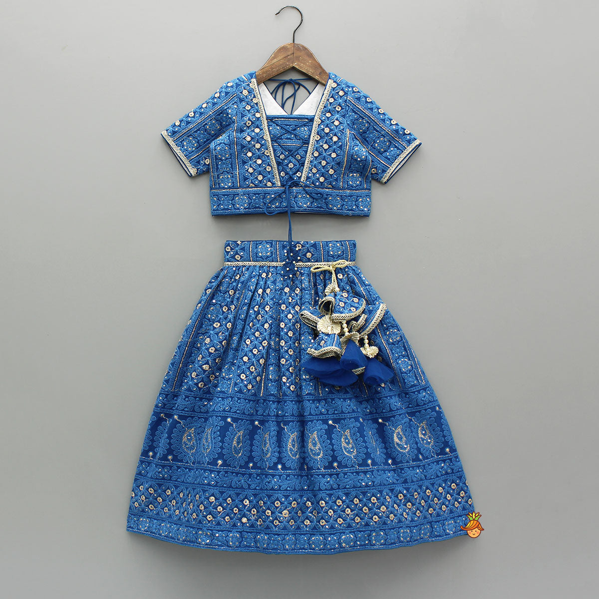 Sequin And Thread Embroidered Top And Pleated Lehenga With Net Dupatta And Matching Potli