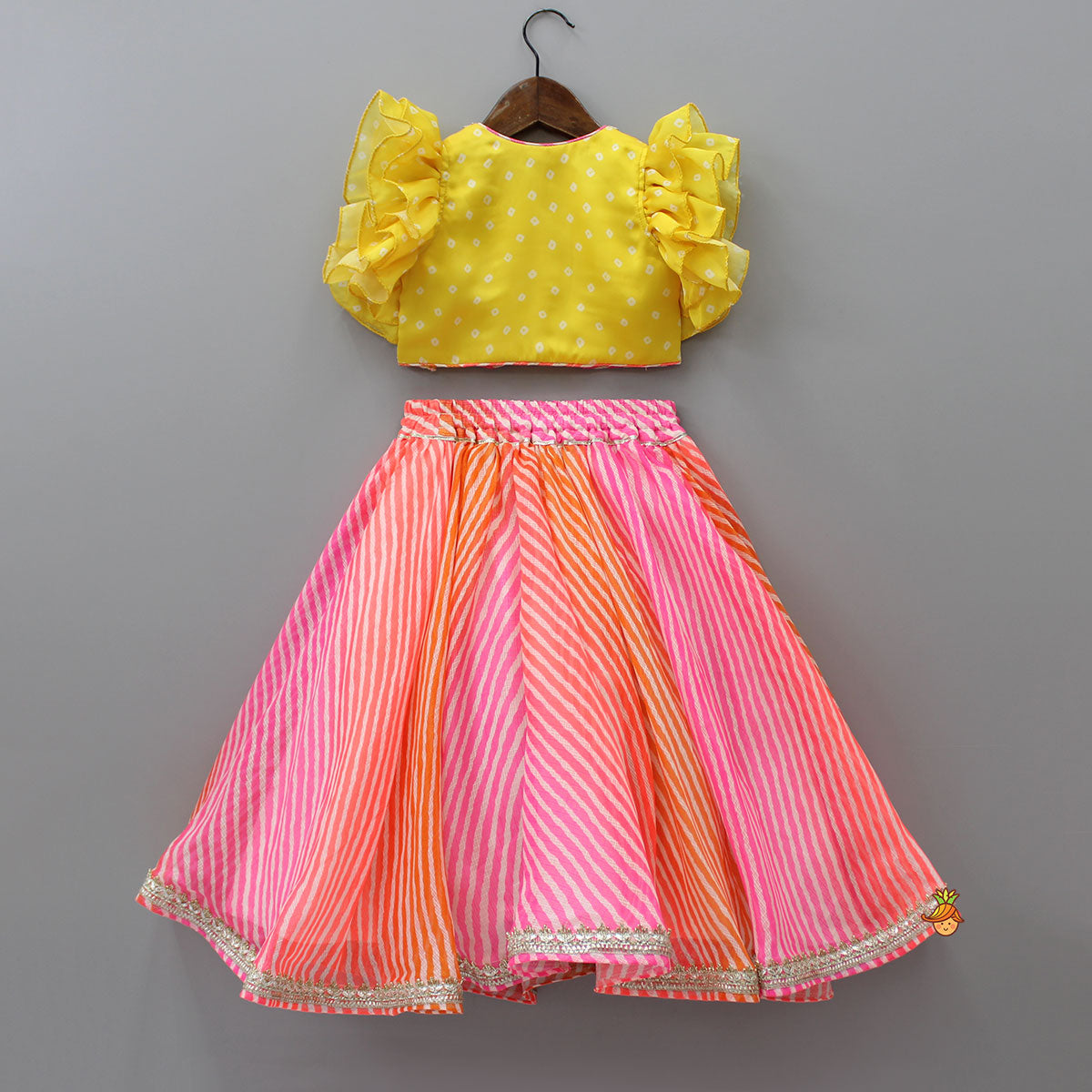 Yellow Top And Leheriya Printed Flared Lehenga With Matching Dupatta