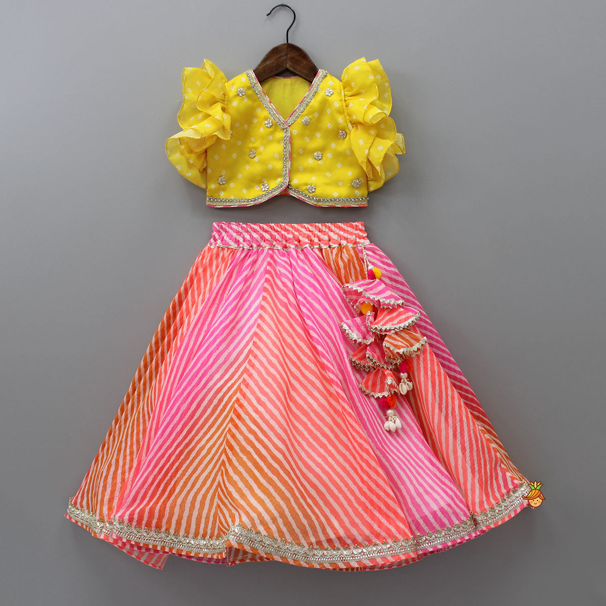 Yellow Top And Leheriya Printed Flared Lehenga With Matching Dupatta