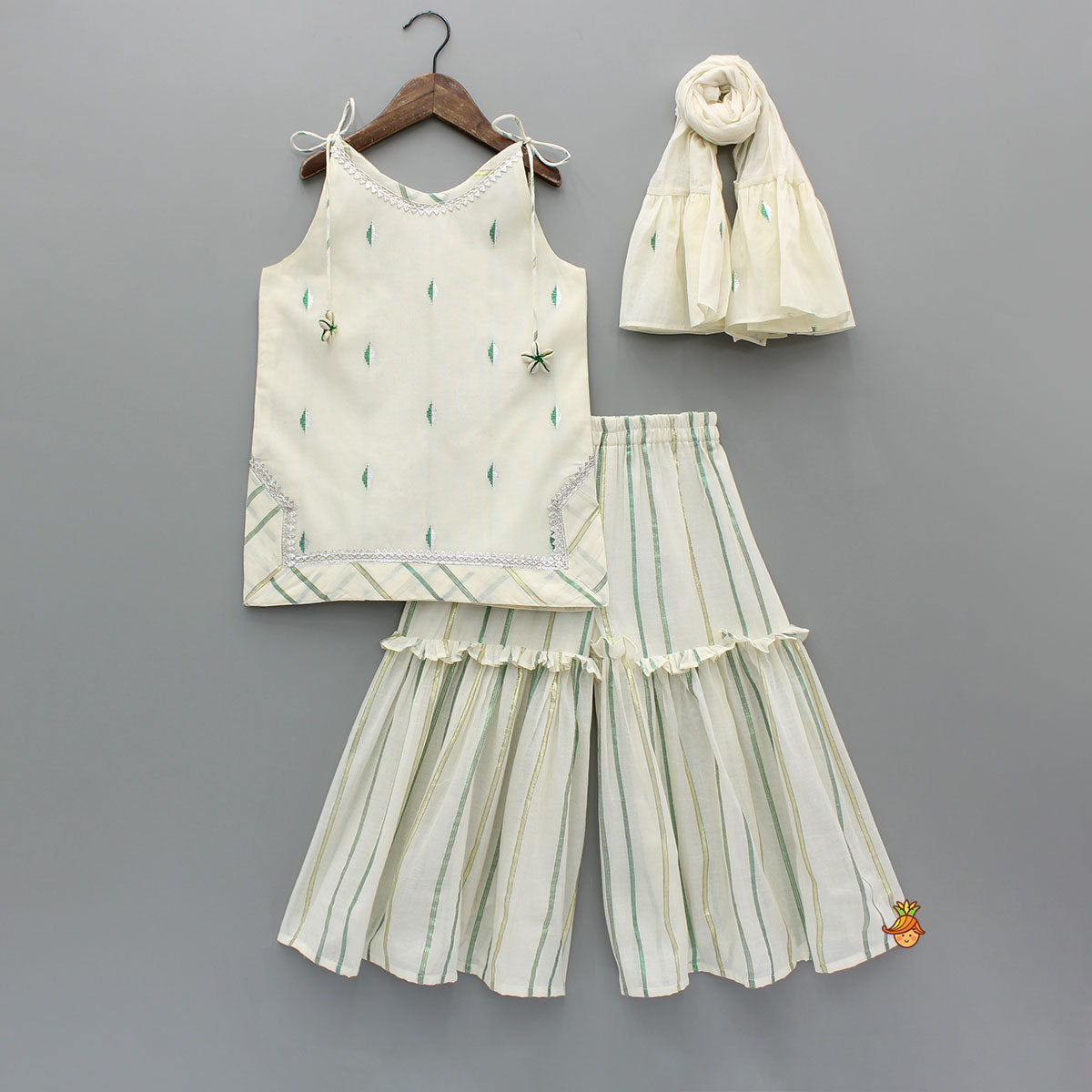 Embroidered Strappy Kurti With Sharara And Dupatta