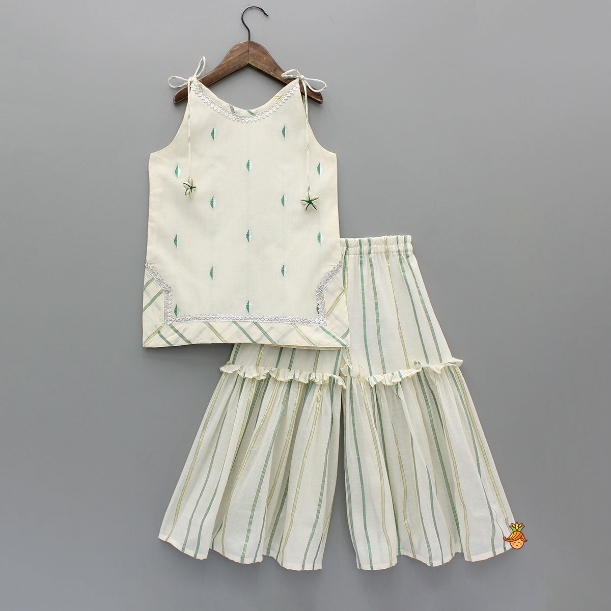 Embroidered Strappy Kurti With Sharara And Dupatta