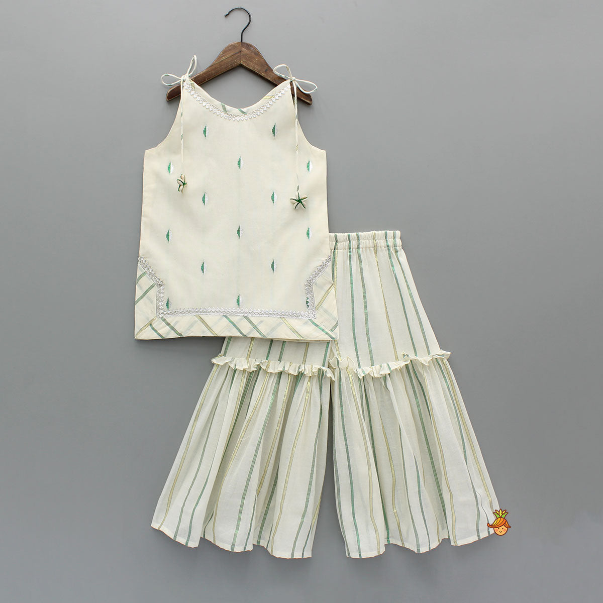 Embroidered Strappy Kurti With Sharara And Dupatta