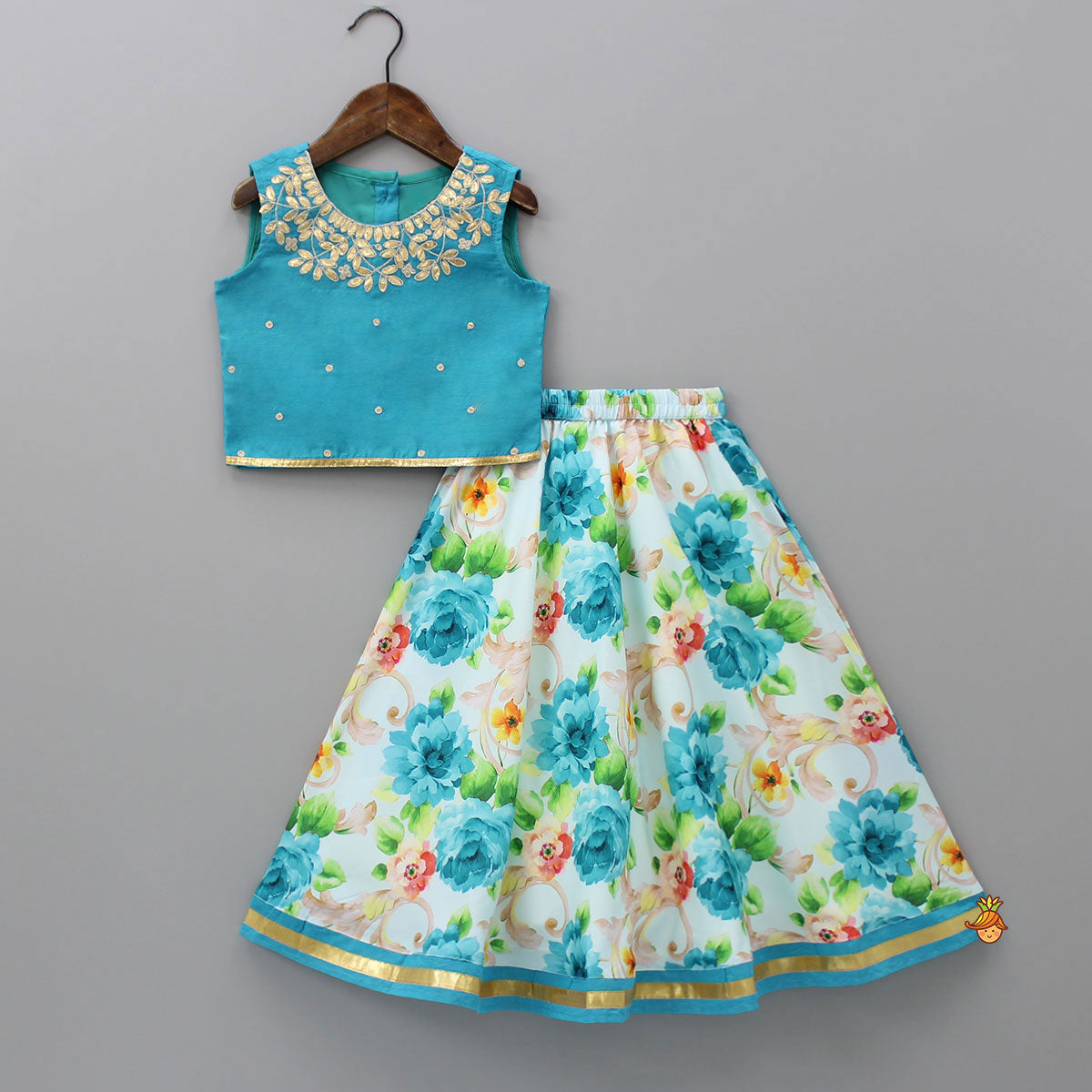 Blue Top And Floral Printed Lehenga With Net Dupatta