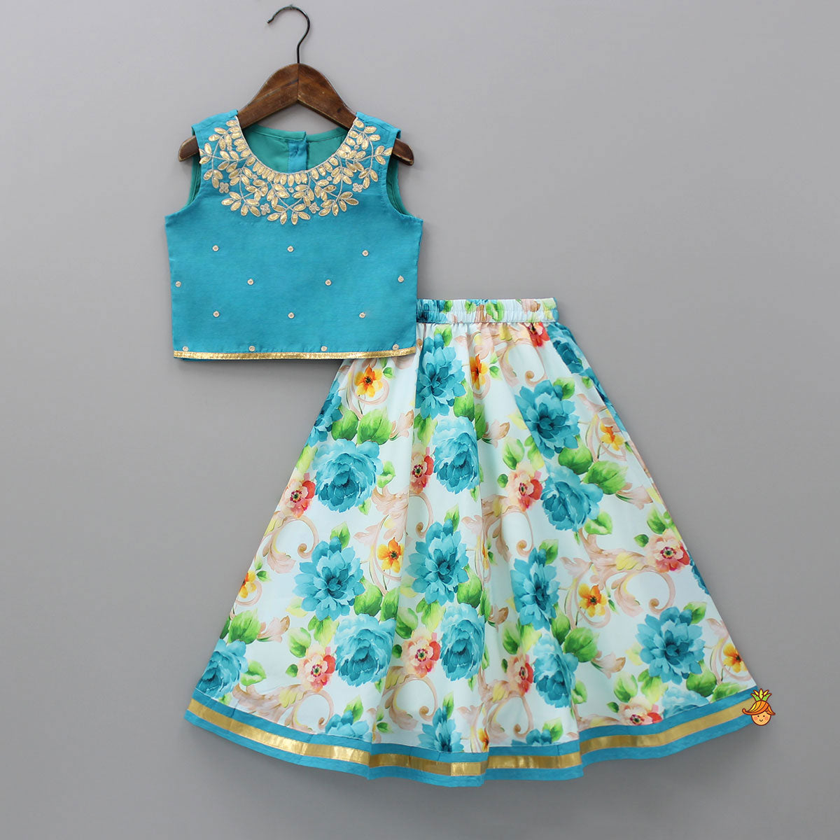 Blue Top And Floral Printed Lehenga With Net Dupatta