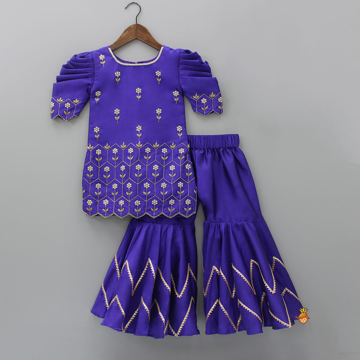 Purple Hand Embroidered Kurti With Sharara And Net Dupatta