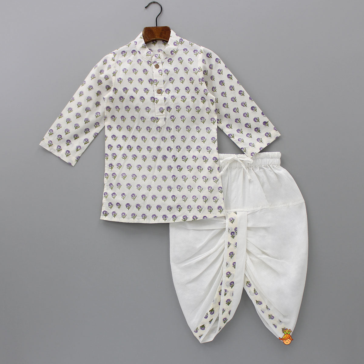 Floral Printed Kurta With Jacket And Dhoti