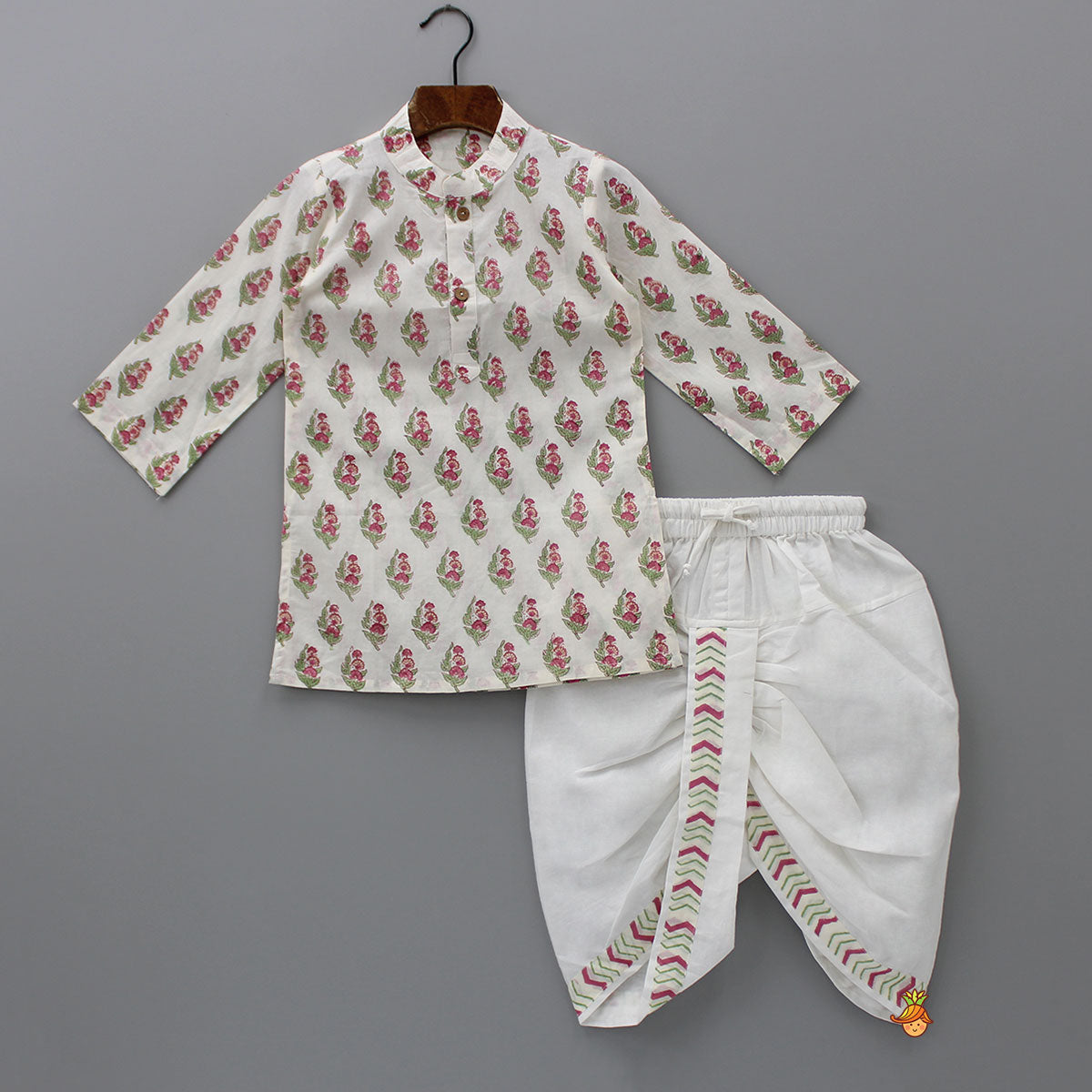 Floral Printed Kurta And Chevron Printed Jacket With Dhoti