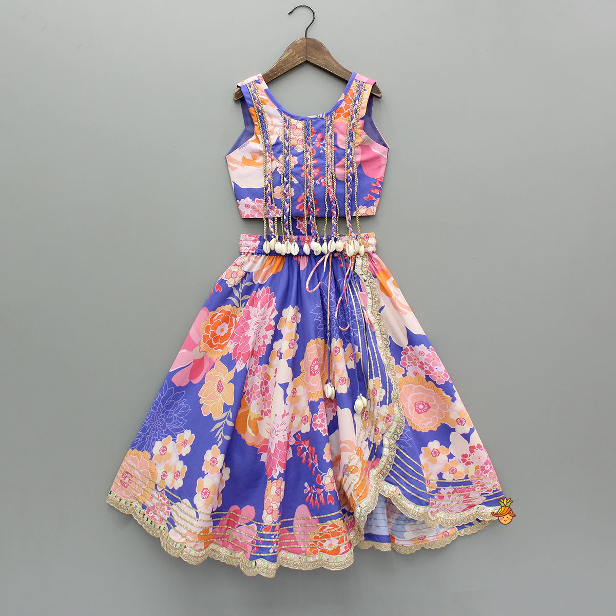 Purple Floral Printed Top With Gota Lace Work Lehenga
