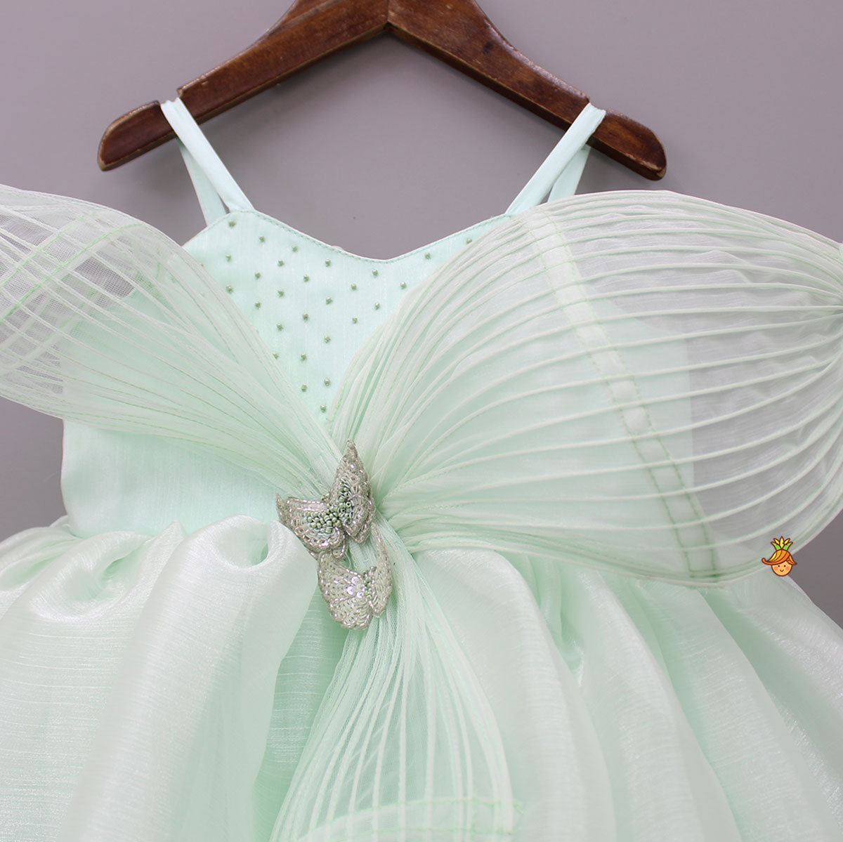 Green Butterfly Embroidered Embellished Gown