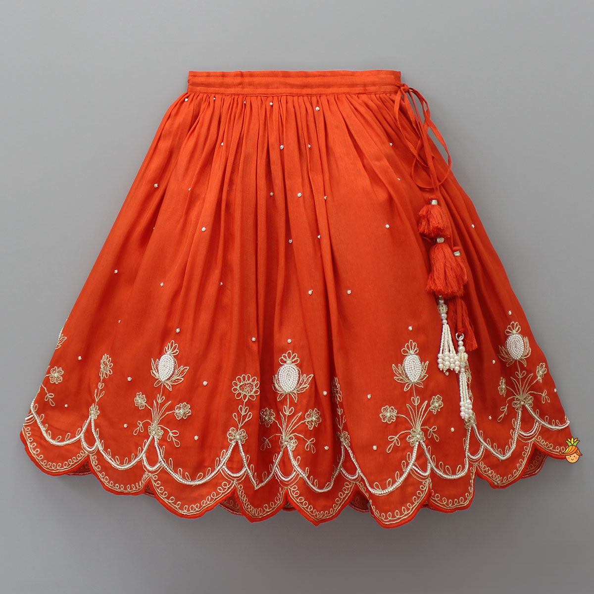 Embroidered Stylish Orange Top And Pleated Lehenga