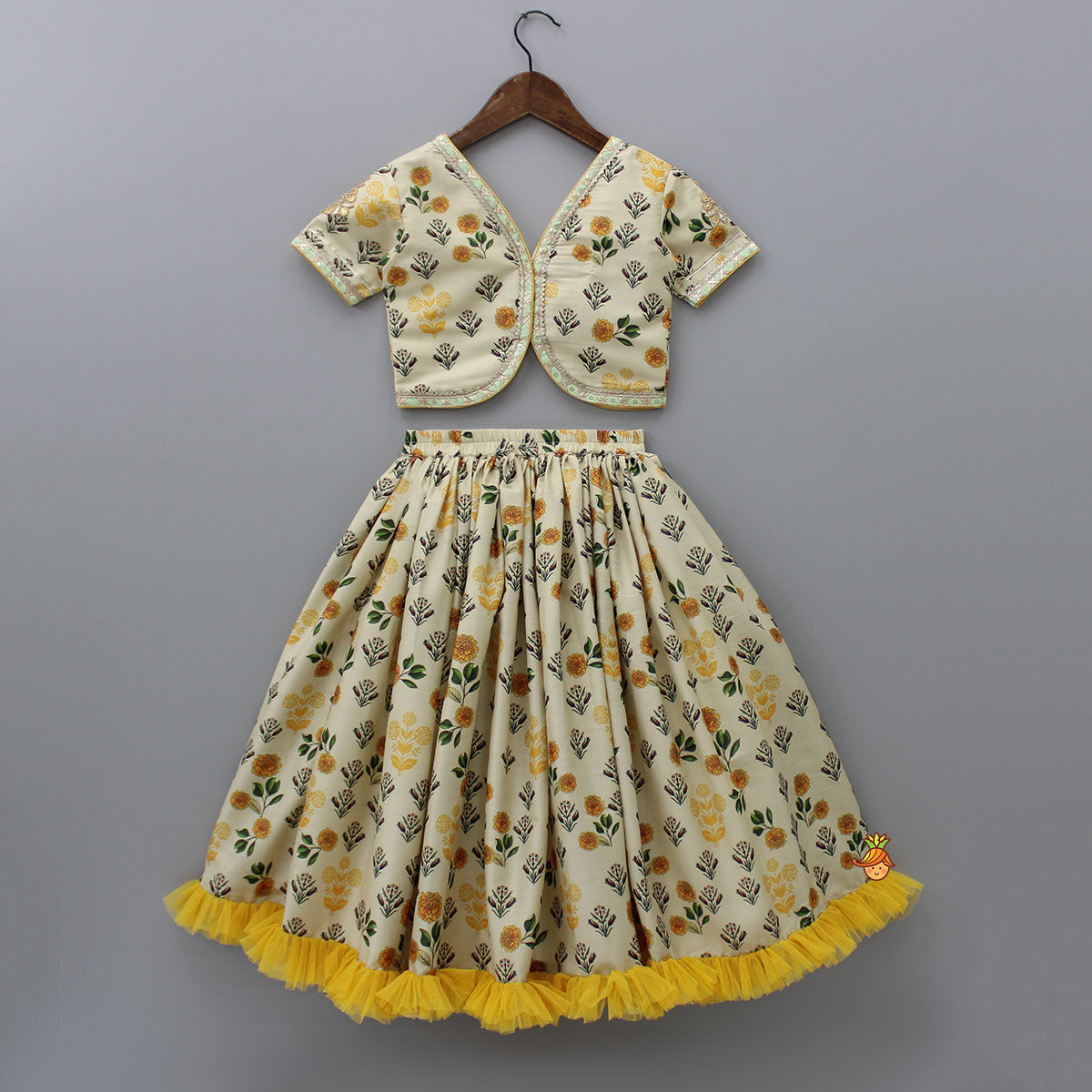 Floral Printed Crop Top With Lehenga And Net Dupatta