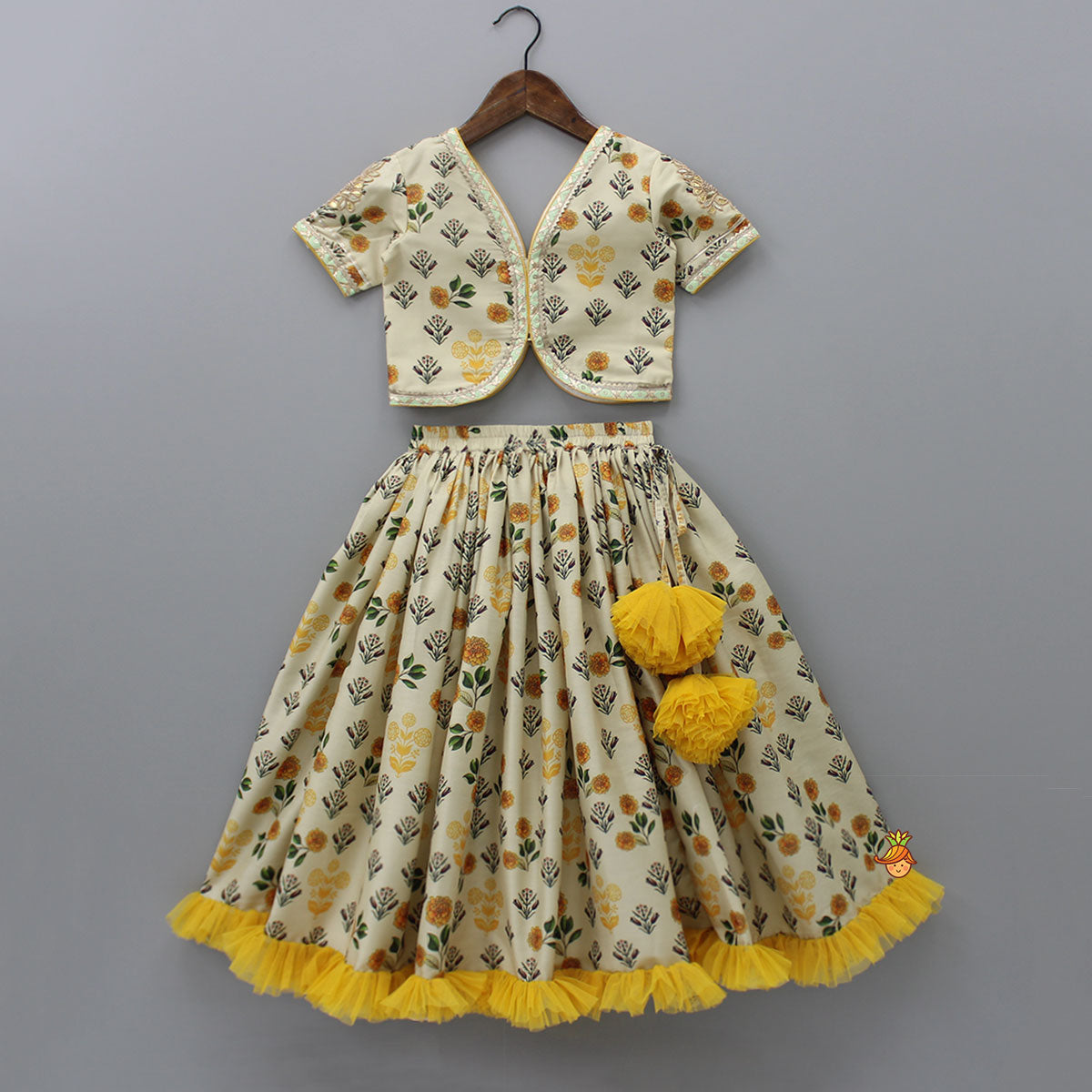 Floral Printed Crop Top With Lehenga And Net Dupatta