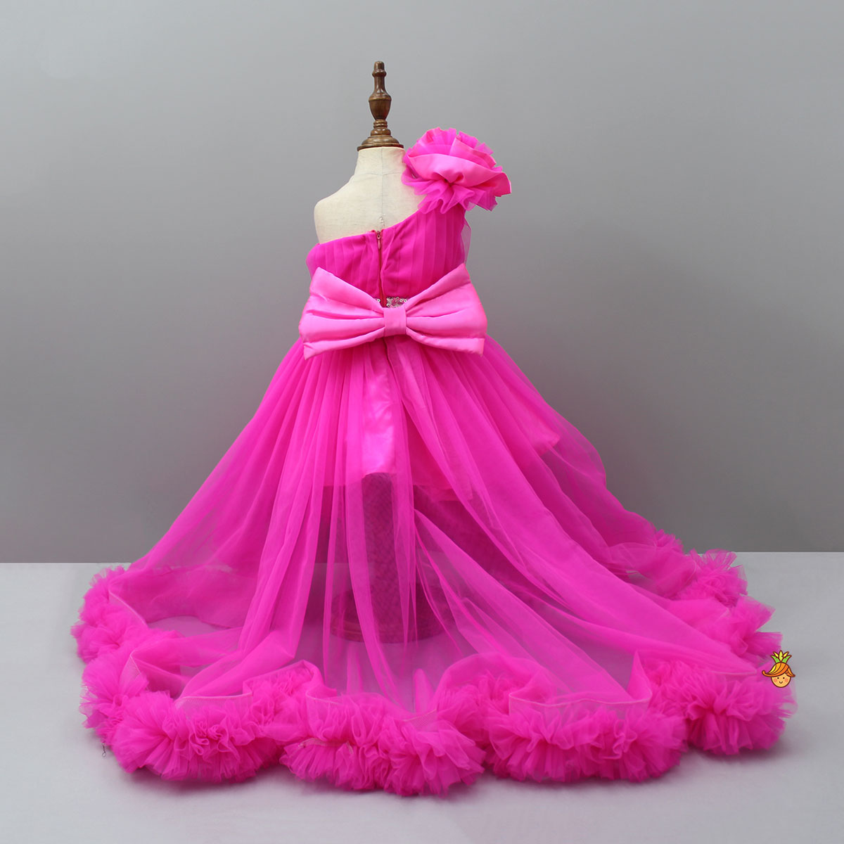One Shoulder High Low Pink Dress With Matching Head Band And Detachable bow