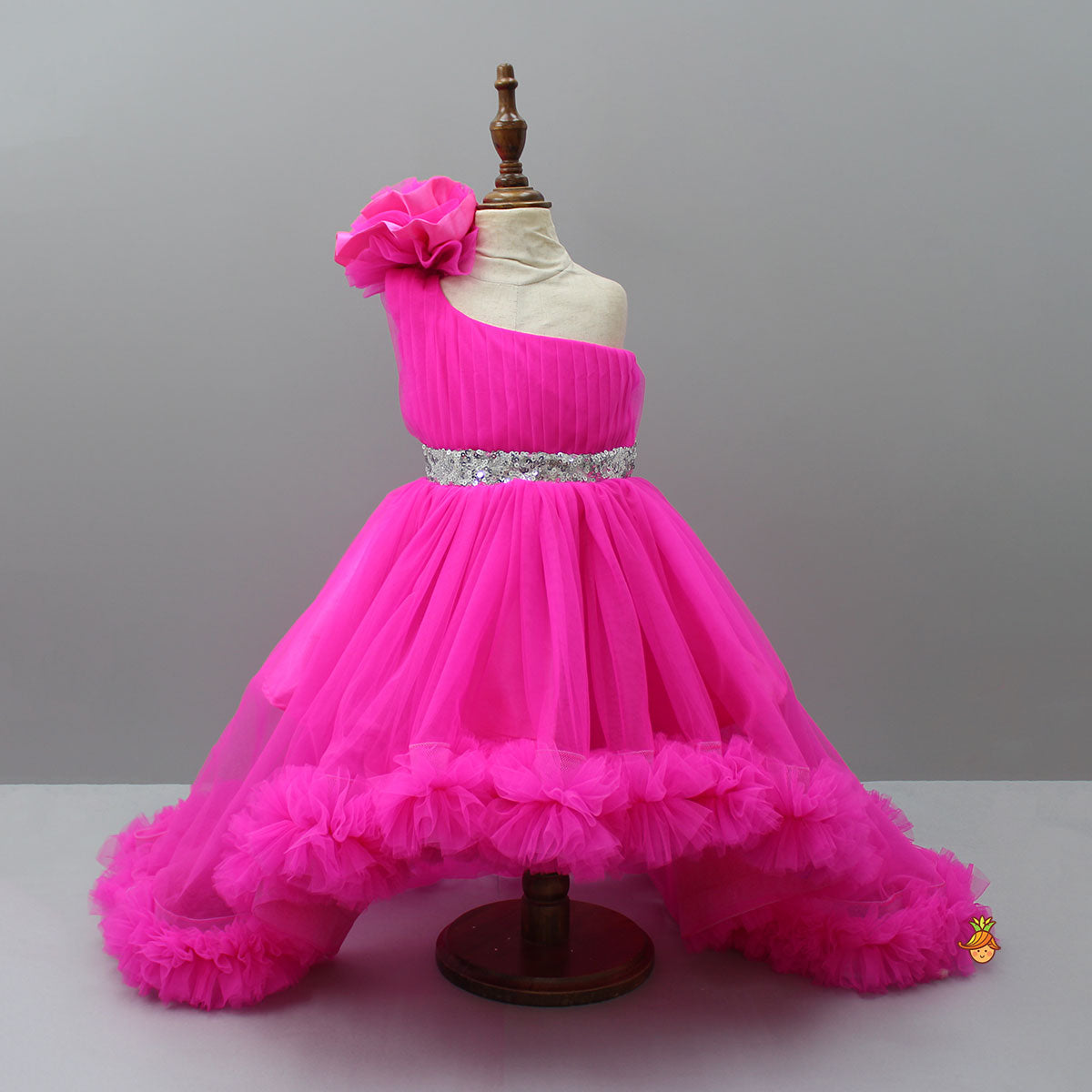 One Shoulder High Low Pink Dress With Matching Head Band And Detachable bow