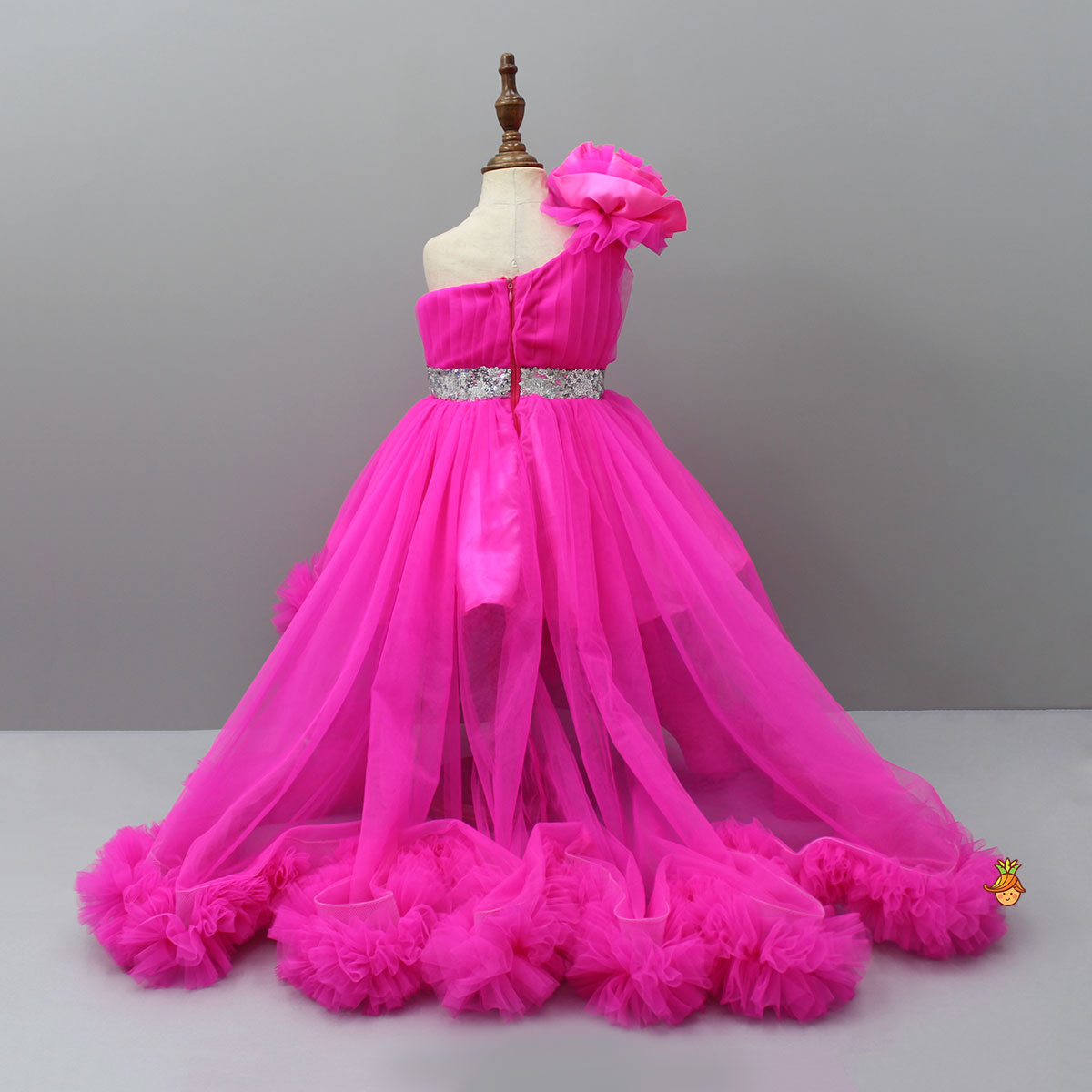One Shoulder High Low Pink Dress With Matching Head Band And Detachable bow