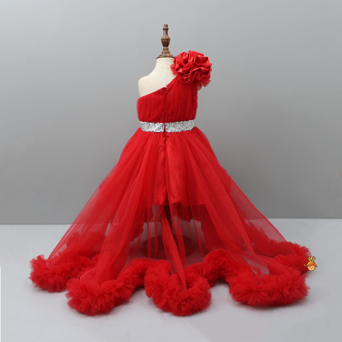 One Shoulder High Low Red Dress With Matching Hairclip And Detachable bow