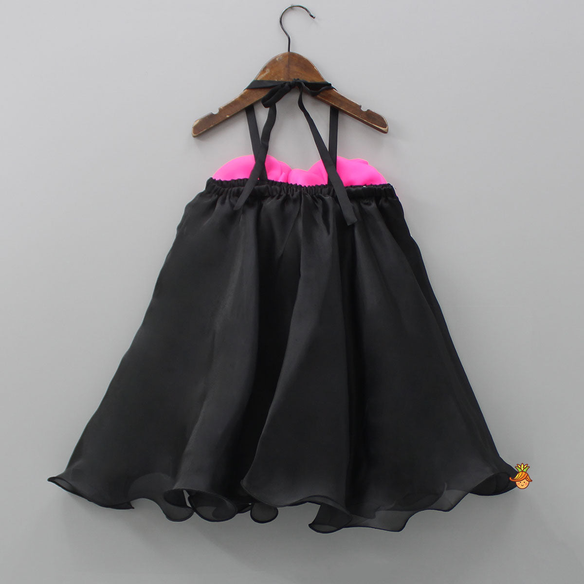 Flower Enhanced Halter Neck Flared Black Dress