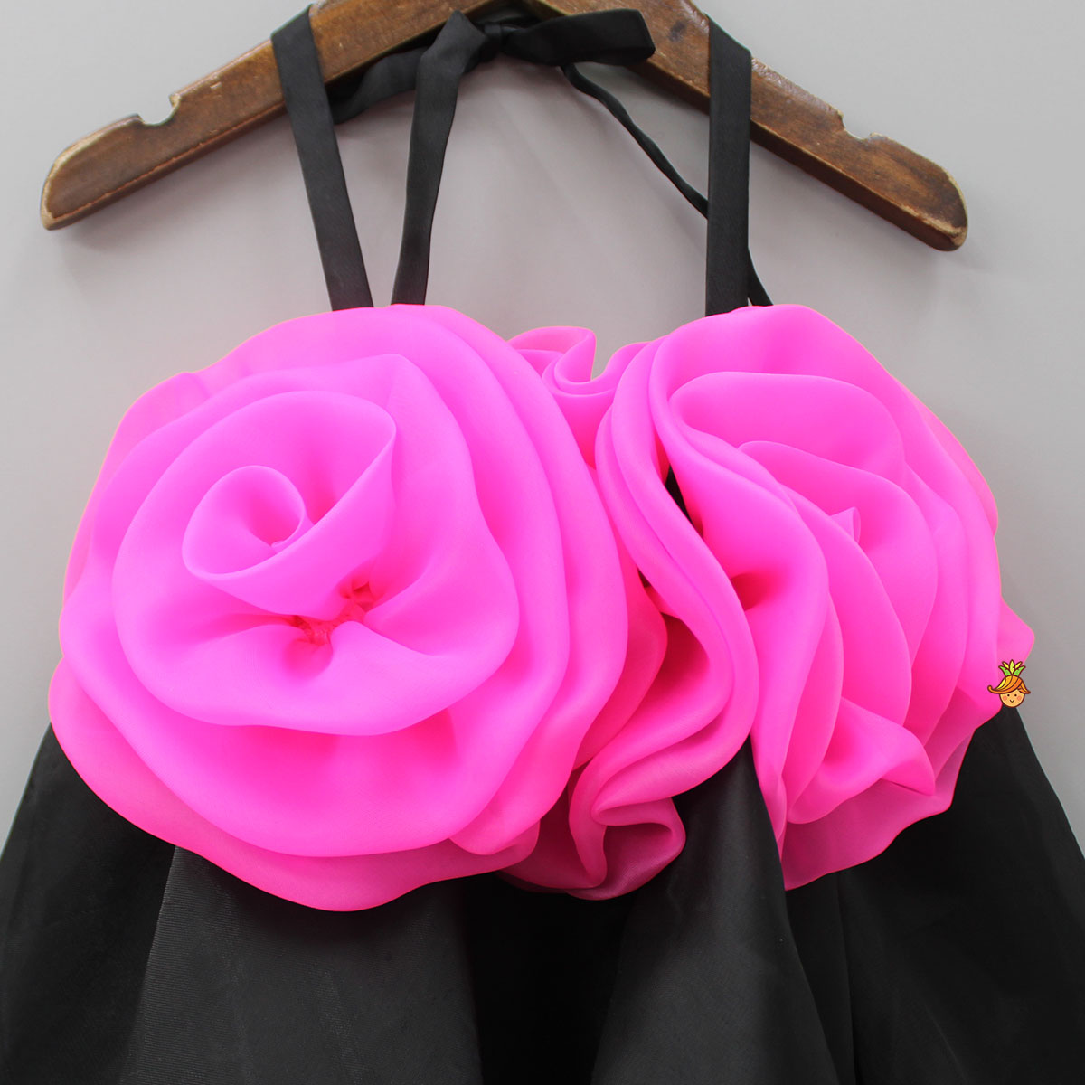 Flower Enhanced Halter Neck Flared Black Dress