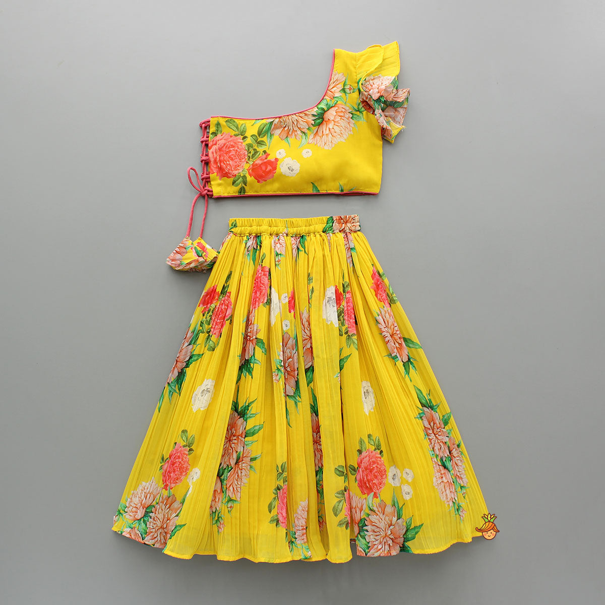 One Shoulder Flower Printed Top And Frilly Lehenga